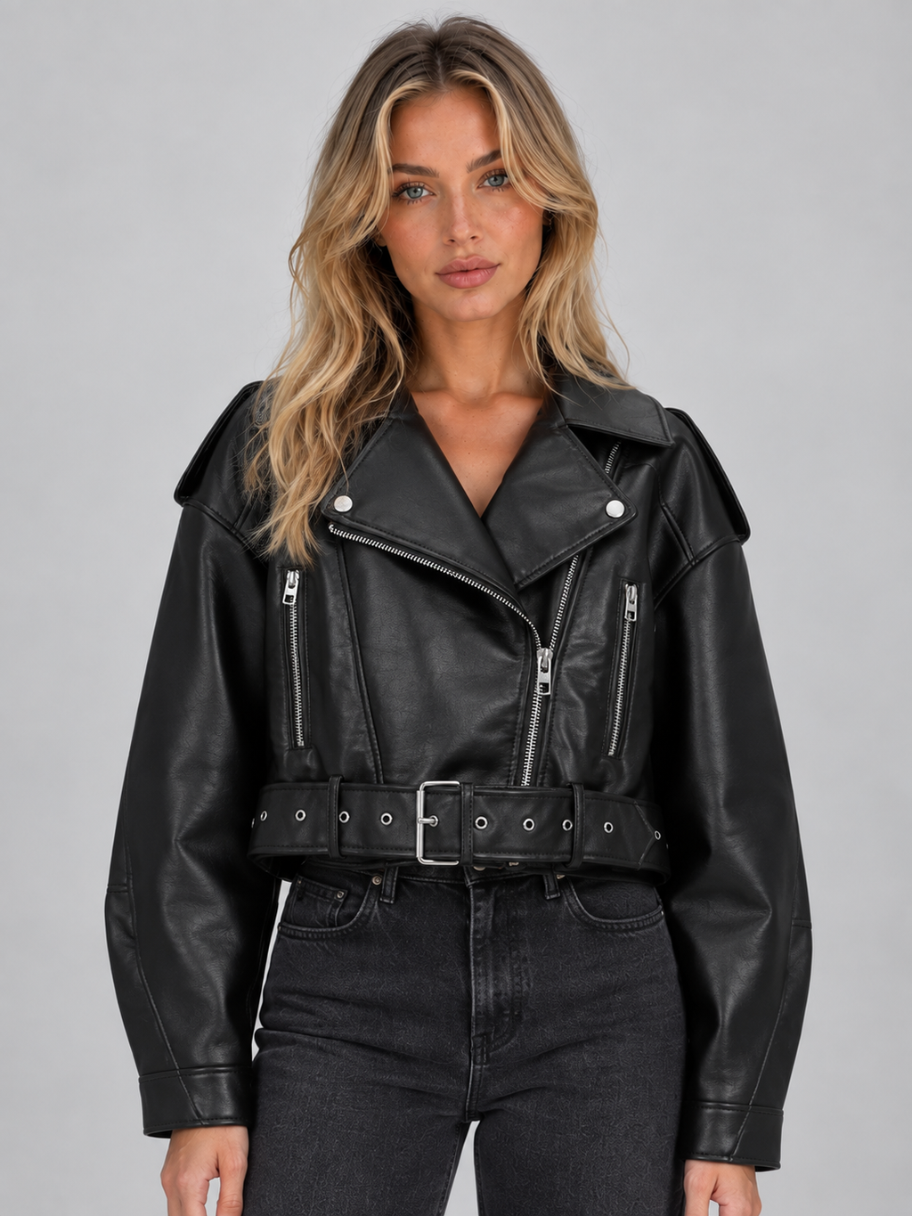 Women’s Cropped Biker Jacket – Belted Zip Motorcycle Style