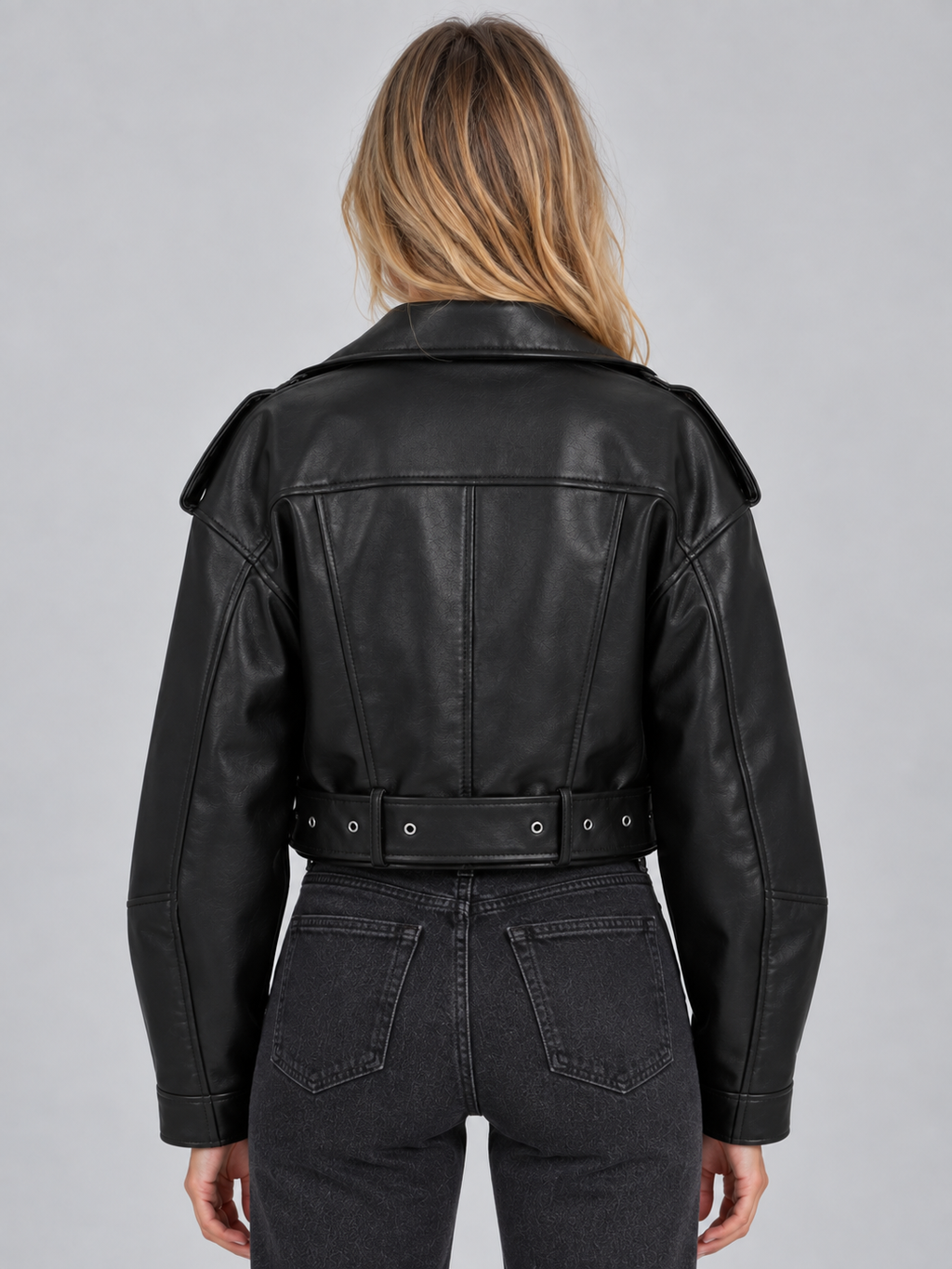 Women’s Cropped Biker Jacket – Belted Zip Motorcycle Style