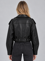 Women’s Cropped Biker Jacket – Belted Zip Motorcycle Style
