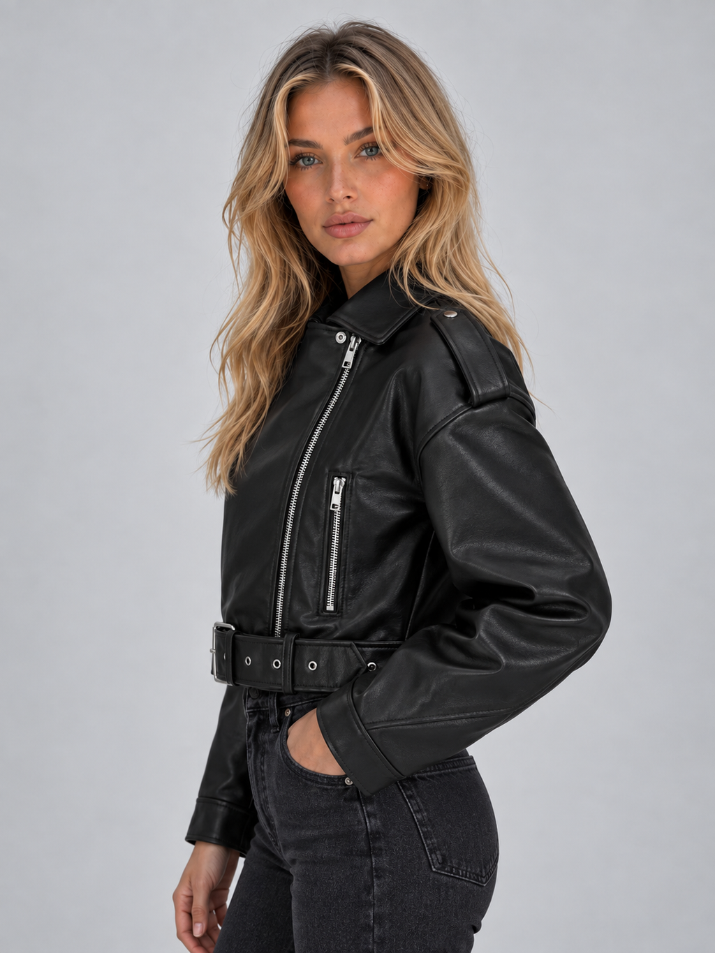 Women’s Cropped Biker Jacket – Belted Zip Motorcycle Style