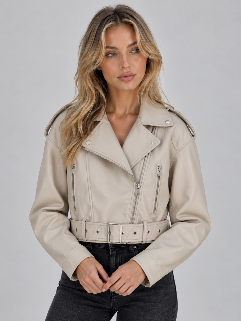 Women’s Cropped Biker Jacket – Belted Zip Motorcycle Style