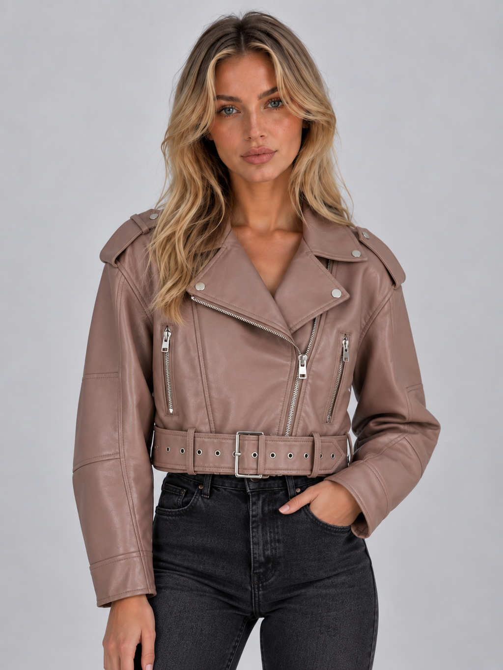 Women’s Cropped Biker Jacket – Belted Zip Motorcycle Style