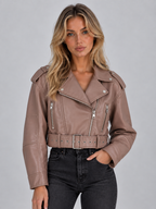 Women’s Cropped Biker Jacket – Belted Zip Motorcycle Style
