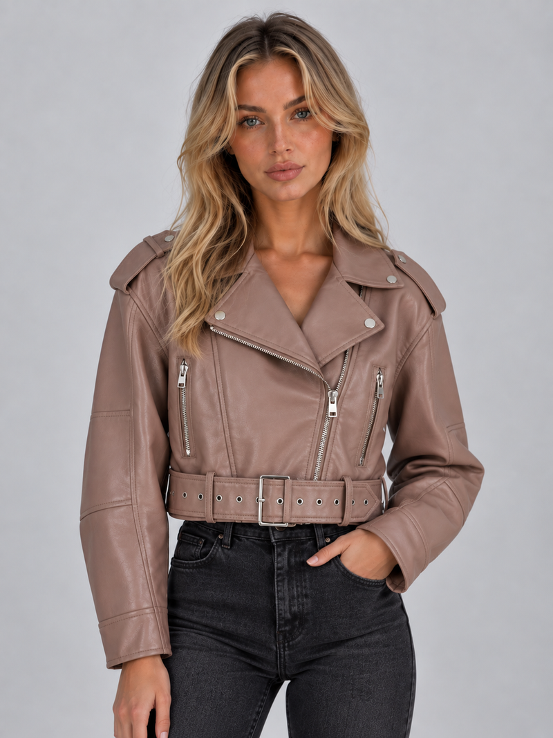 Women’s Cropped Biker Jacket – Belted Zip Motorcycle Style
