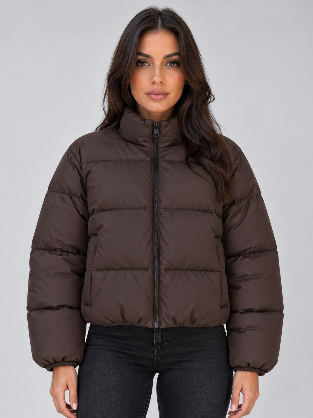 Women’s Cropped Puffer Jacket – High Neck Full Zip Padded Coat