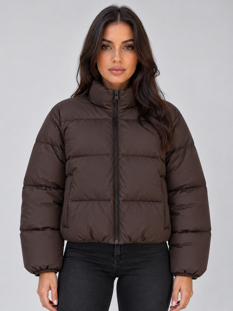 Women’s Cropped Puffer Jacket – High Neck Full Zip Padded Coat