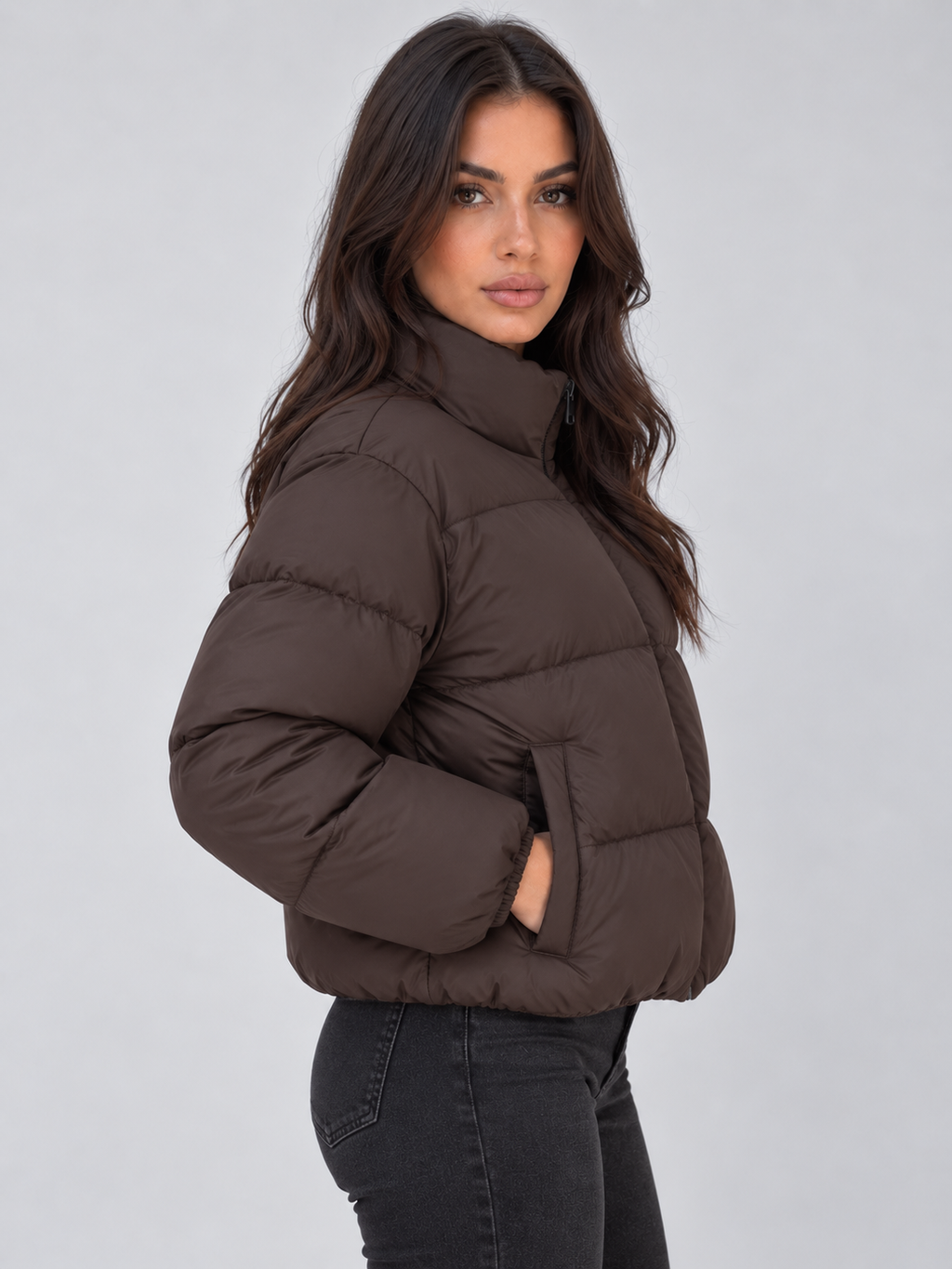 Women’s Cropped Puffer Jacket – High Neck Full Zip Padded Coat