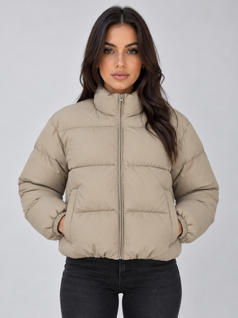 Women’s Cropped Puffer Jacket – High Neck Full Zip Padded Coat