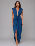 Women's Deep V-Neck Ruched Maxi Dress – Sleeveless Evening Gown
