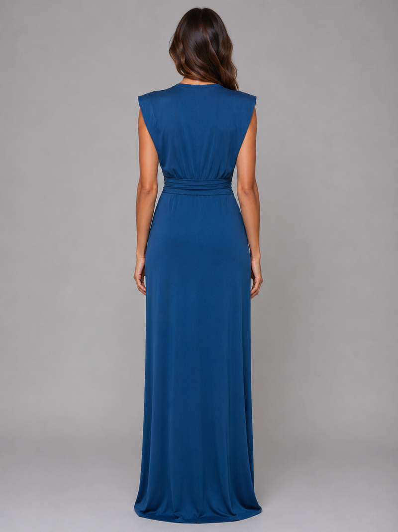 Women's Deep V-Neck Ruched Maxi Dress – Sleeveless Evening Gown
