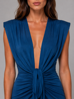 Women's Deep V-Neck Ruched Maxi Dress – Sleeveless Evening Gown