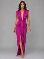 Women's Deep V-Neck Ruched Maxi Dress – Sleeveless Evening Gown