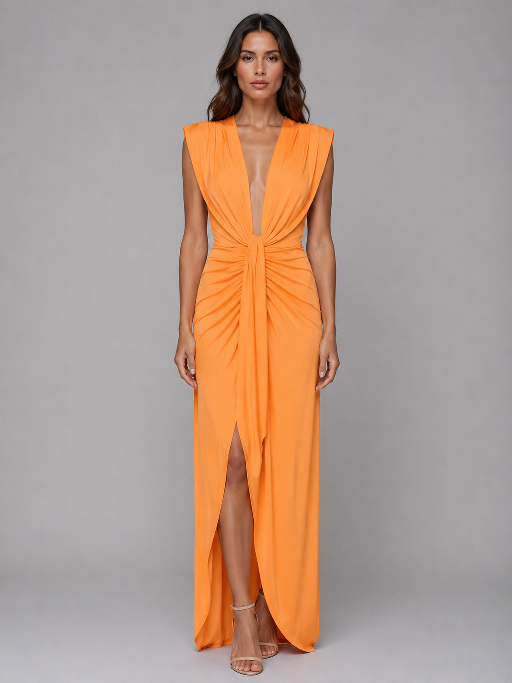 Women's Deep V-Neck Ruched Maxi Dress – Sleeveless Evening Gown