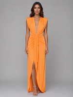 Women's Deep V-Neck Ruched Maxi Dress – Sleeveless Evening Gown