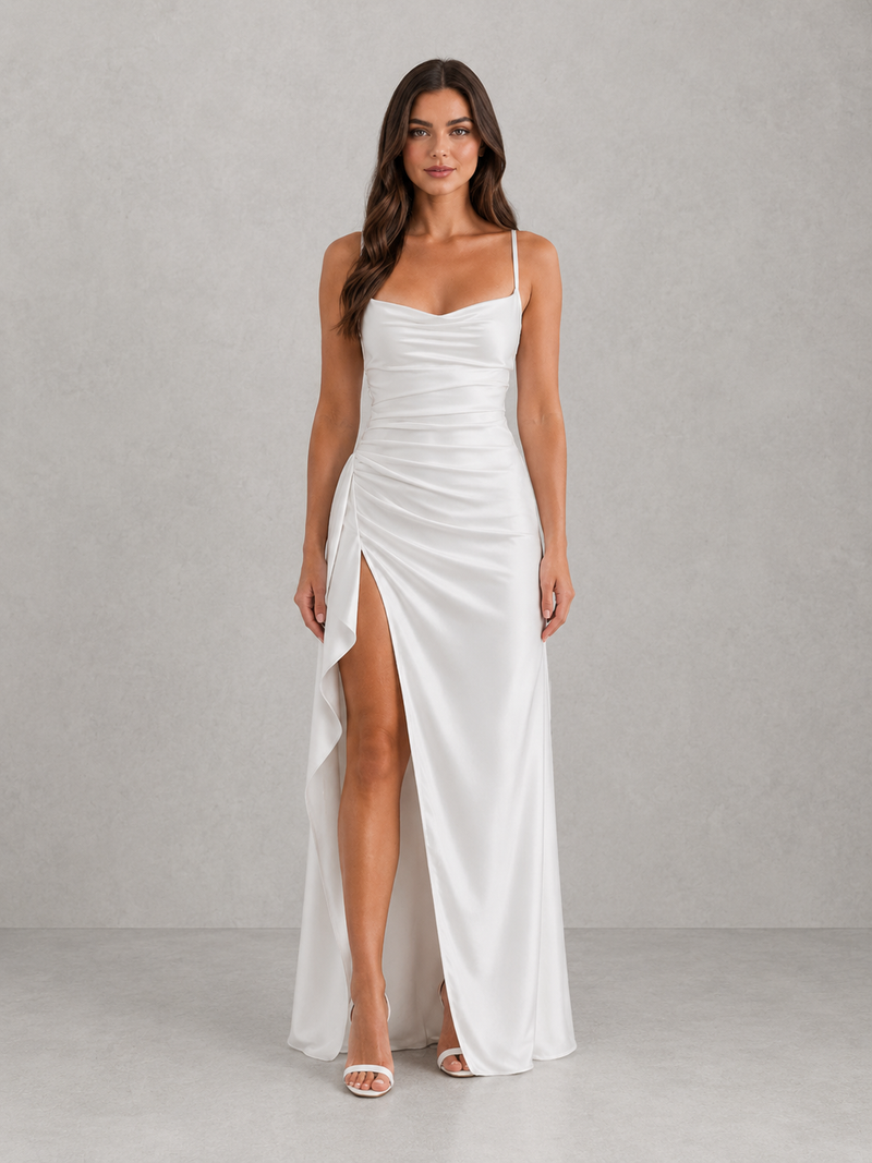 Women's Draped Satin Feel Maxi Dress – Ruched Waist Evening Gown – Montleigh