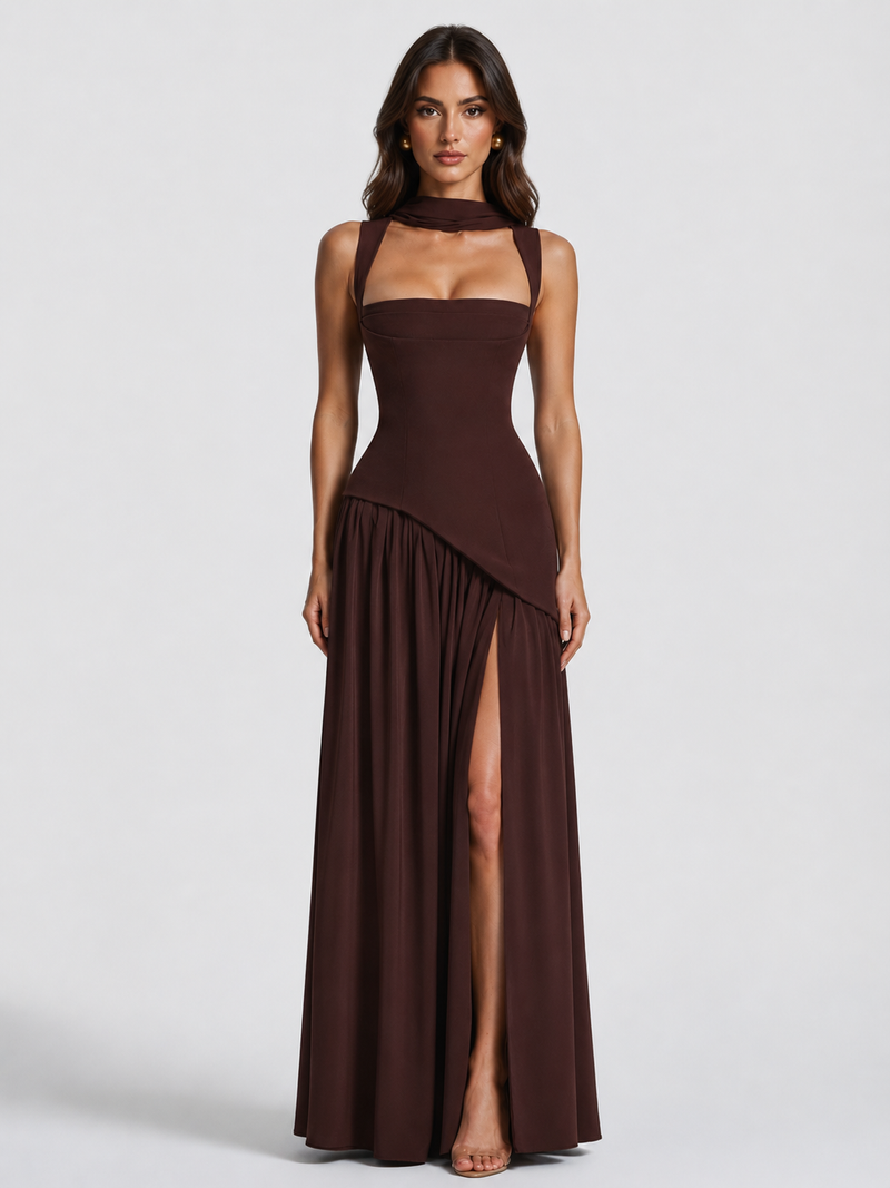 Women's Draped Satin Feel Maxi Dress โ Sculpted Elegant Silhouette โ Montleigh