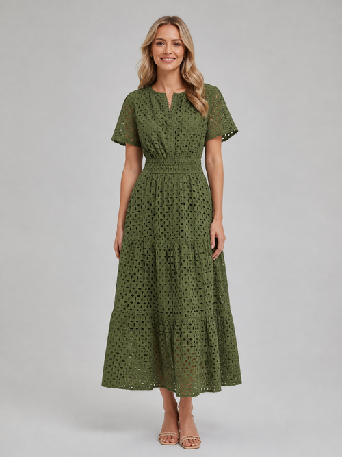 Women's Eyelet A-Line Midi Dress – Cotton Blend Summer Style – Montleigh