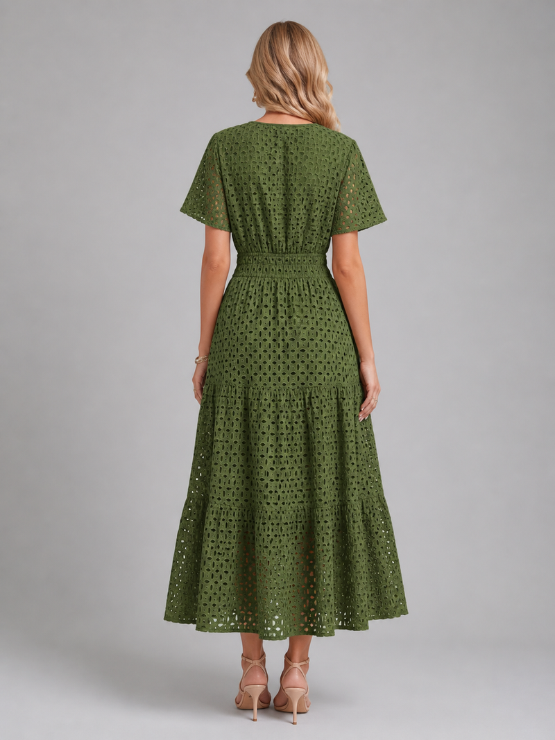 Women’s Eyelet A-Line Midi Dress – Cotton Blend Summer Style