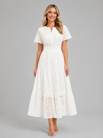 Women’s Eyelet A-Line Midi Dress – Cotton Blend Summer Style