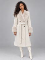 Women’s Faux Fur Collar Coat – Belted Double Breasted Long Winter Coat