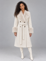 Women’s Faux Fur Collar Coat – Belted Double Breasted Long Winter Coat