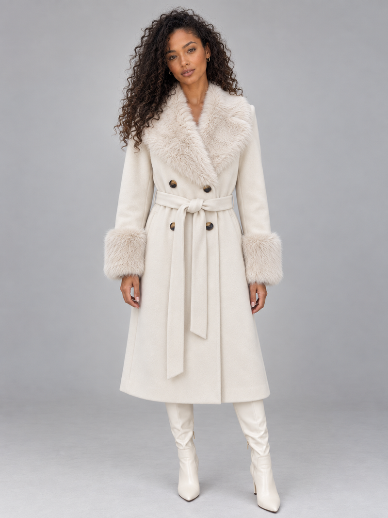 Women’s Faux Fur Collar Coat – Belted Double Breasted Long Winter Coat
