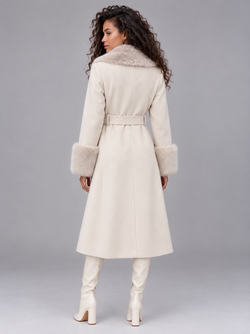 Women’s Faux Fur Collar Coat – Belted Double Breasted Long Winter Coat
