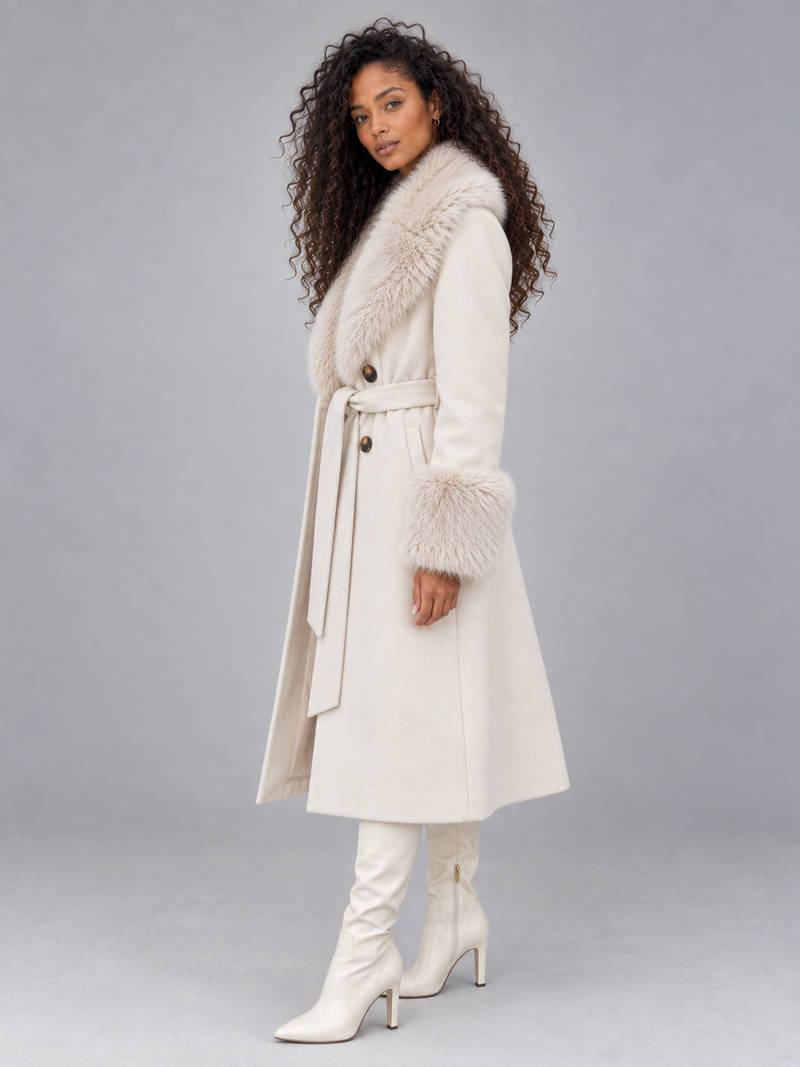 Women’s Faux Fur Collar Coat – Belted Double Breasted Long Winter Coat