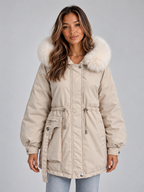 Women’s Faux Fur Collar Parka – Hooded Drawstring Winter Coat