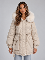 Women’s Faux Fur Collar Parka – Hooded Drawstring Winter Coat