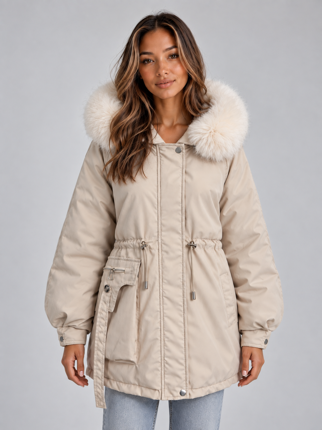 Women’s Faux Fur Collar Parka – Hooded Drawstring Winter Coat