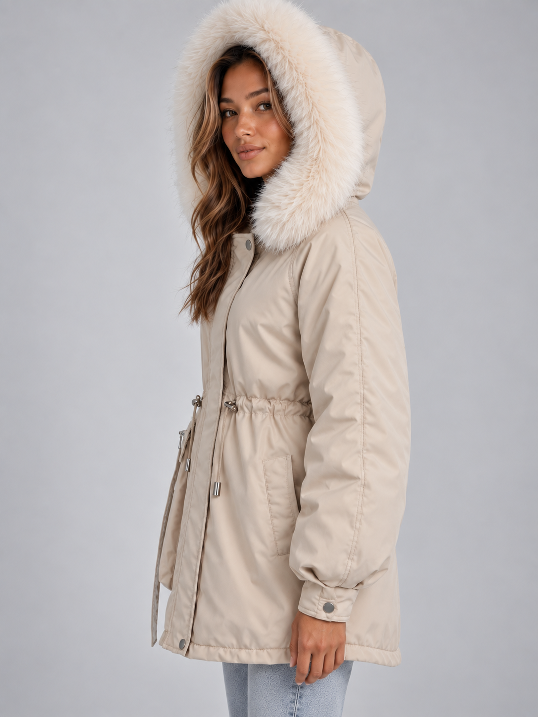 Women’s Faux Fur Collar Parka – Hooded Drawstring Winter Coat