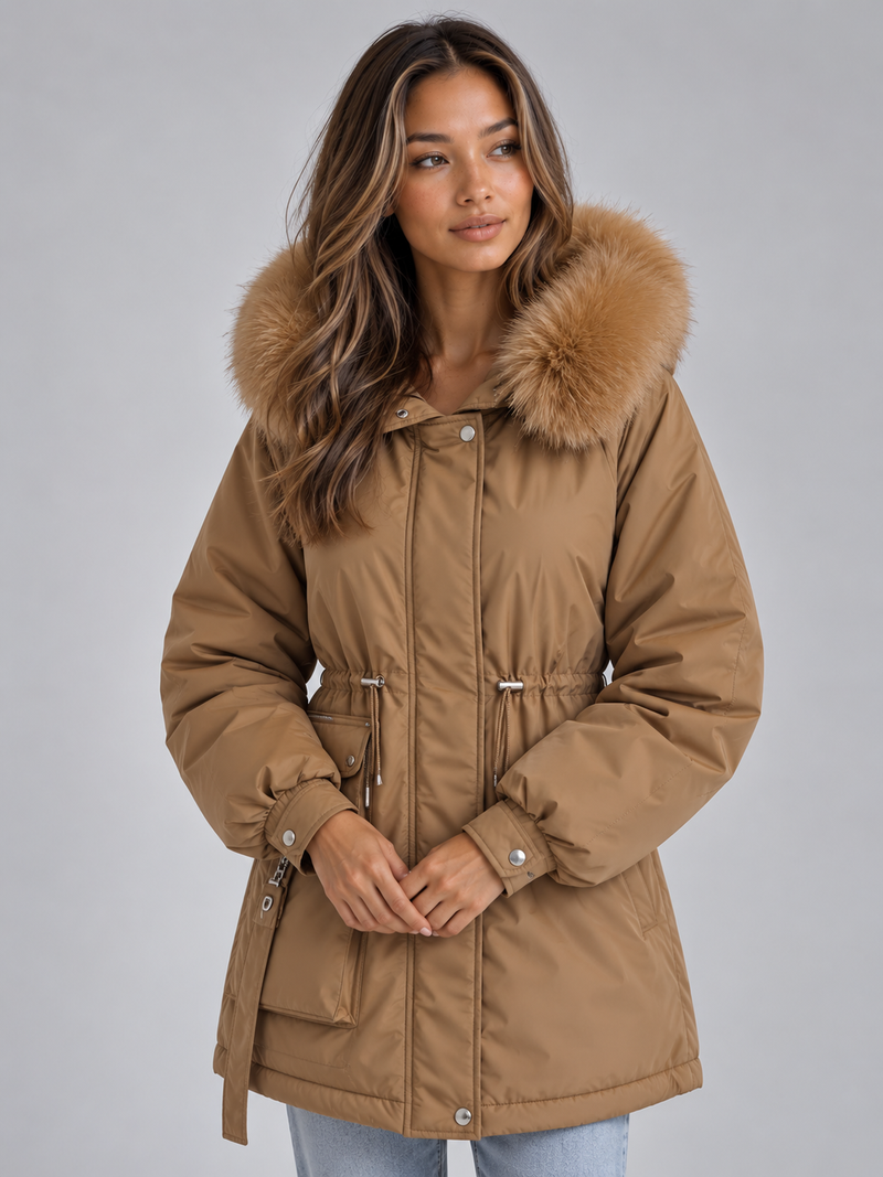 Women’s Faux Fur Collar Parka – Hooded Drawstring Winter Coat