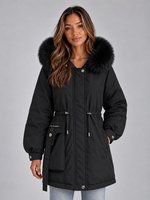 Women’s Faux Fur Collar Parka – Hooded Drawstring Winter Coat