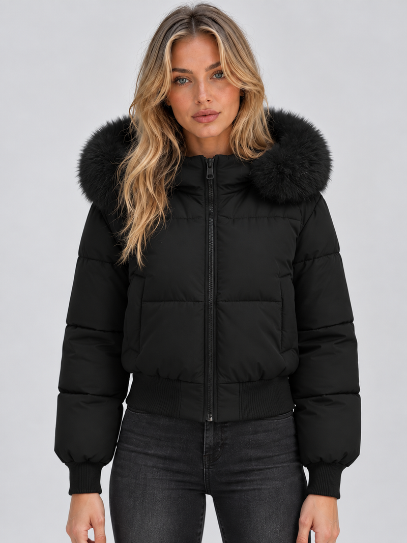 Women’s Faux Fur Collar Puffer Jacket – Full Zip Padded Winter Coat