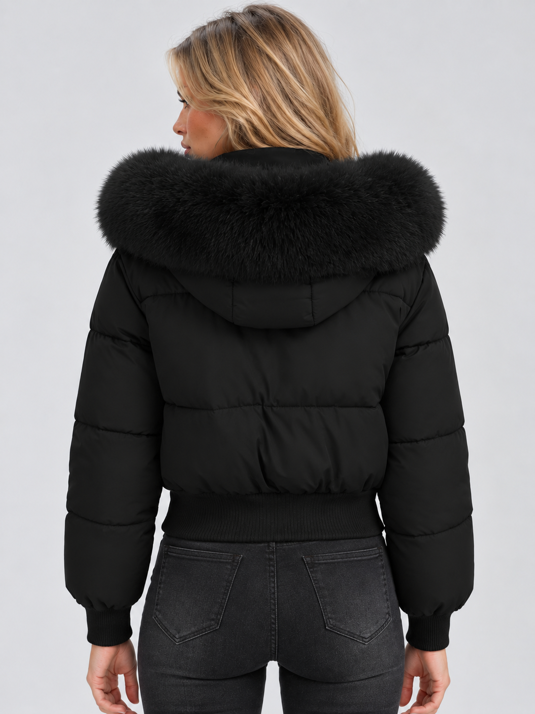 Women’s Faux Fur Collar Puffer Jacket – Full Zip Padded Winter Coat