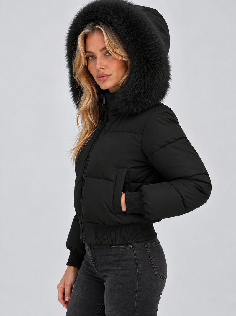 Women’s Faux Fur Collar Puffer Jacket – Full Zip Padded Winter Coat