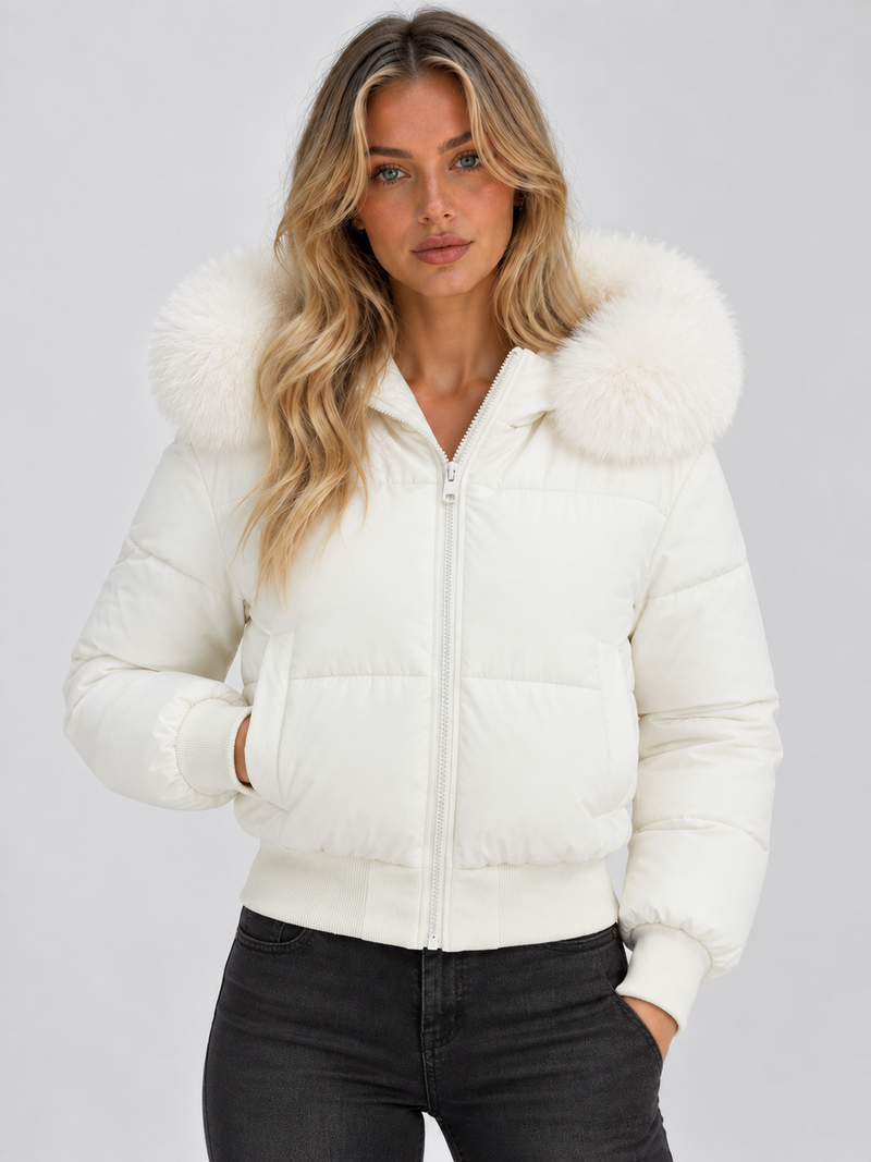 Women’s Faux Fur Collar Puffer Jacket – Full Zip Padded Winter Coat