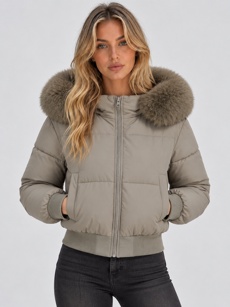 Women’s Faux Fur Collar Puffer Jacket – Full Zip Padded Winter Coat