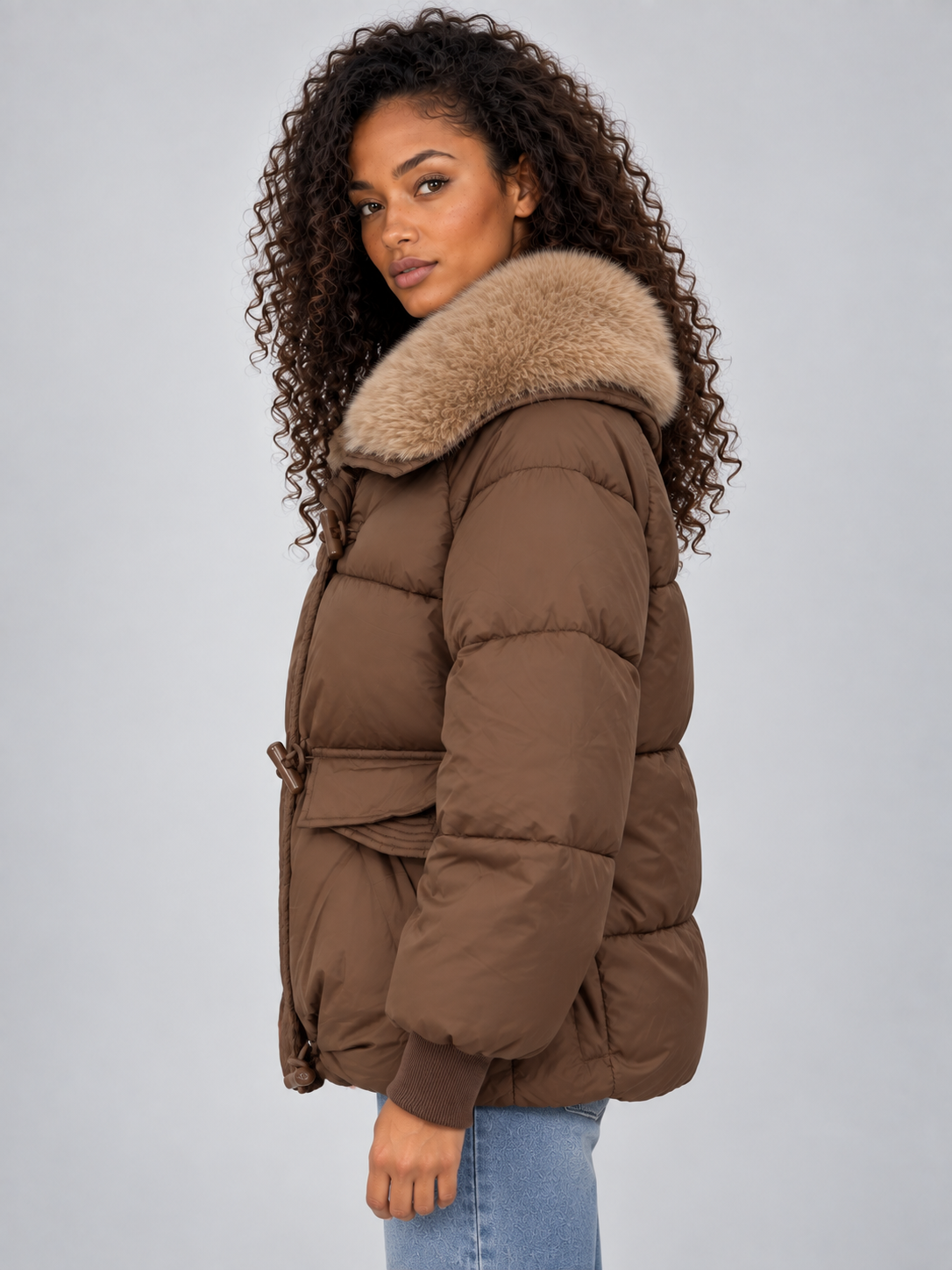 Women’s Faux Fur Collar Puffer Jacket – Padded Winter Coat