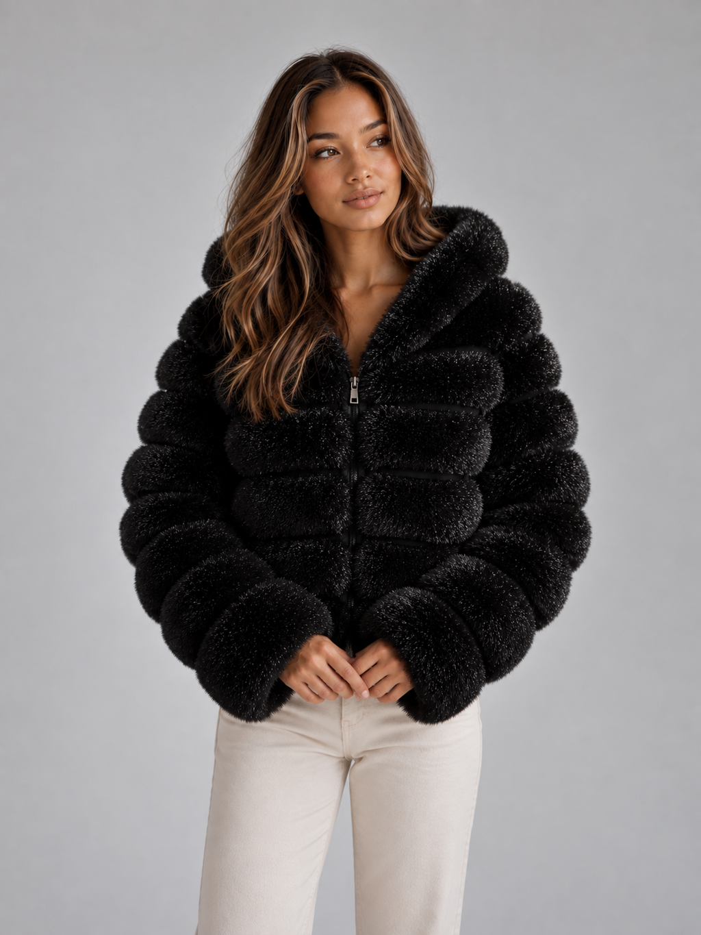 Women’s Faux Fur Hooded Jacket – Cropped Plush Winter Coat