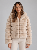 Women’s Faux Fur Hooded Jacket – Cropped Plush Winter Coat