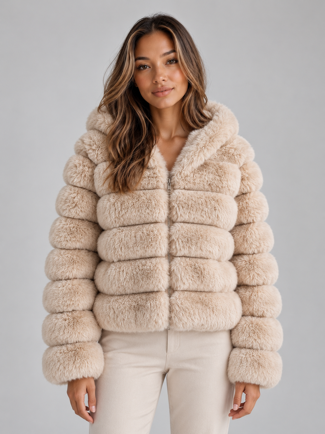 Women’s Faux Fur Hooded Jacket – Cropped Plush Winter Coat