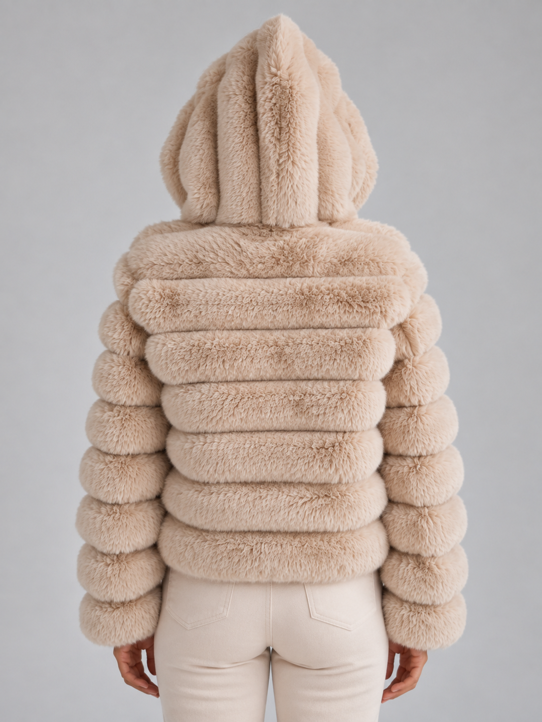 Women’s Faux Fur Hooded Jacket – Cropped Plush Winter Coat