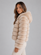 Women’s Faux Fur Hooded Jacket – Cropped Plush Winter Coat