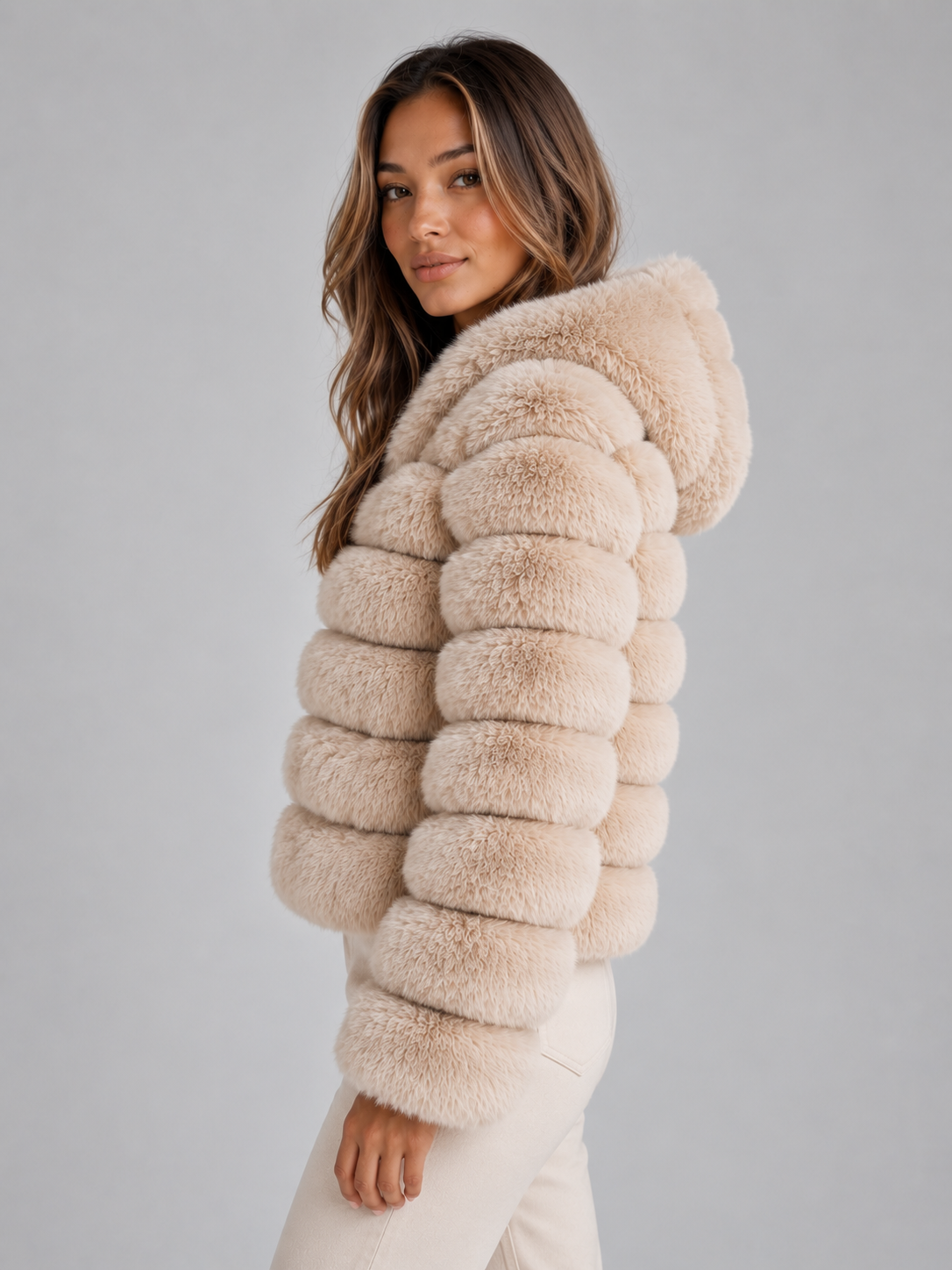 Women’s Faux Fur Hooded Jacket – Cropped Plush Winter Coat