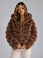 Women’s Faux Fur Hooded Jacket – Cropped Plush Winter Coat
