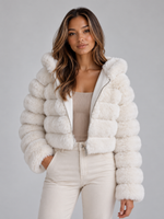 Women’s Faux Fur Hooded Jacket – Cropped Plush Winter Coat