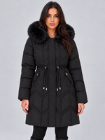 Women’s Faux Fur Hooded Puffer Coat – Quilted Drawstring Winter Parka Jacket