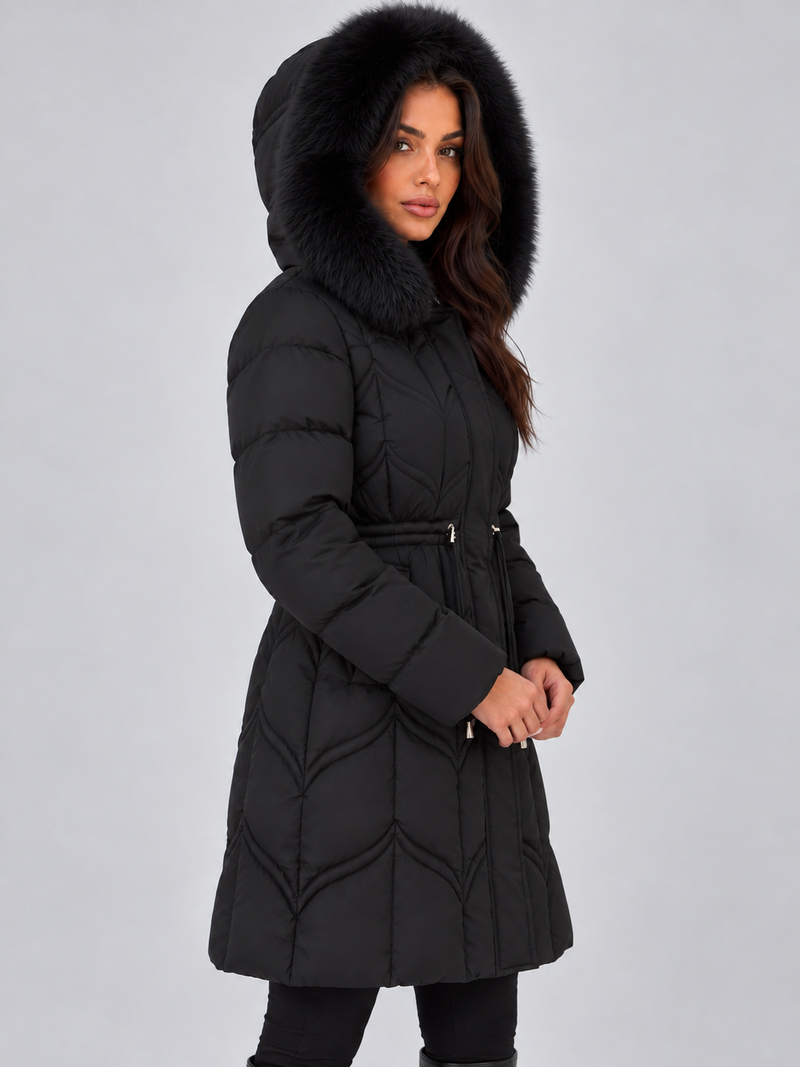 Women’s Faux Fur Hooded Puffer Coat – Quilted Drawstring Winter Parka Jacket